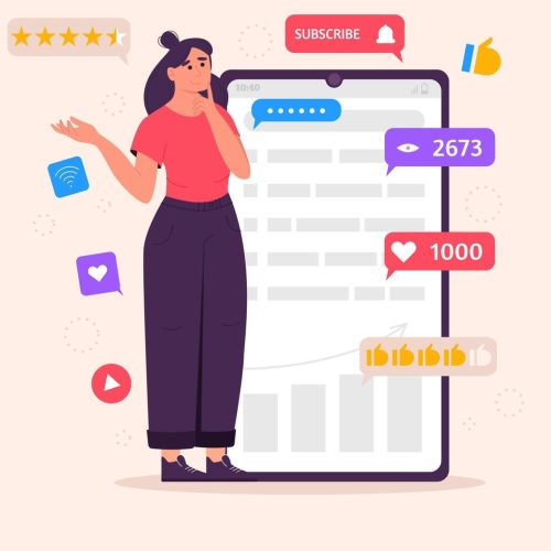 social-media-marketing-concept-with-a-thinking-girl-and-icons-of-smm-young-woman-managing-smm-strategy-processes-flat-illustration-vector